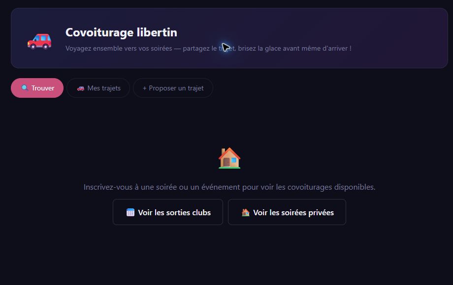 Page Covoiturage avec les onglets Trouver, Mes trajets et Proposer